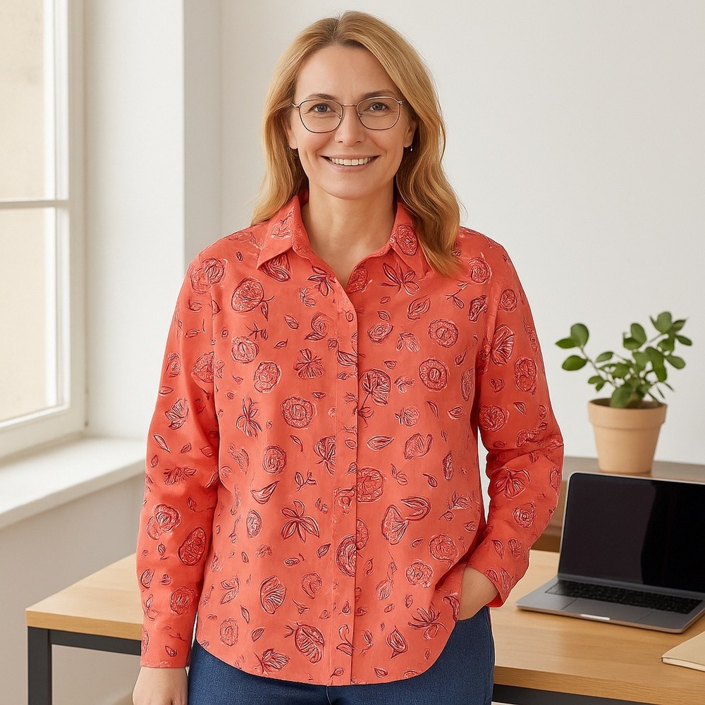 Woman Within Women's 18/20 Coral Floral Button Up Shirt Cottagecore‎ Boho Blouse